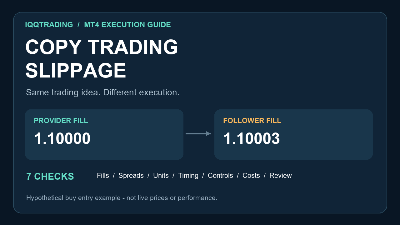 Copy trading slippage illustration showing provider and follower fills at different prices